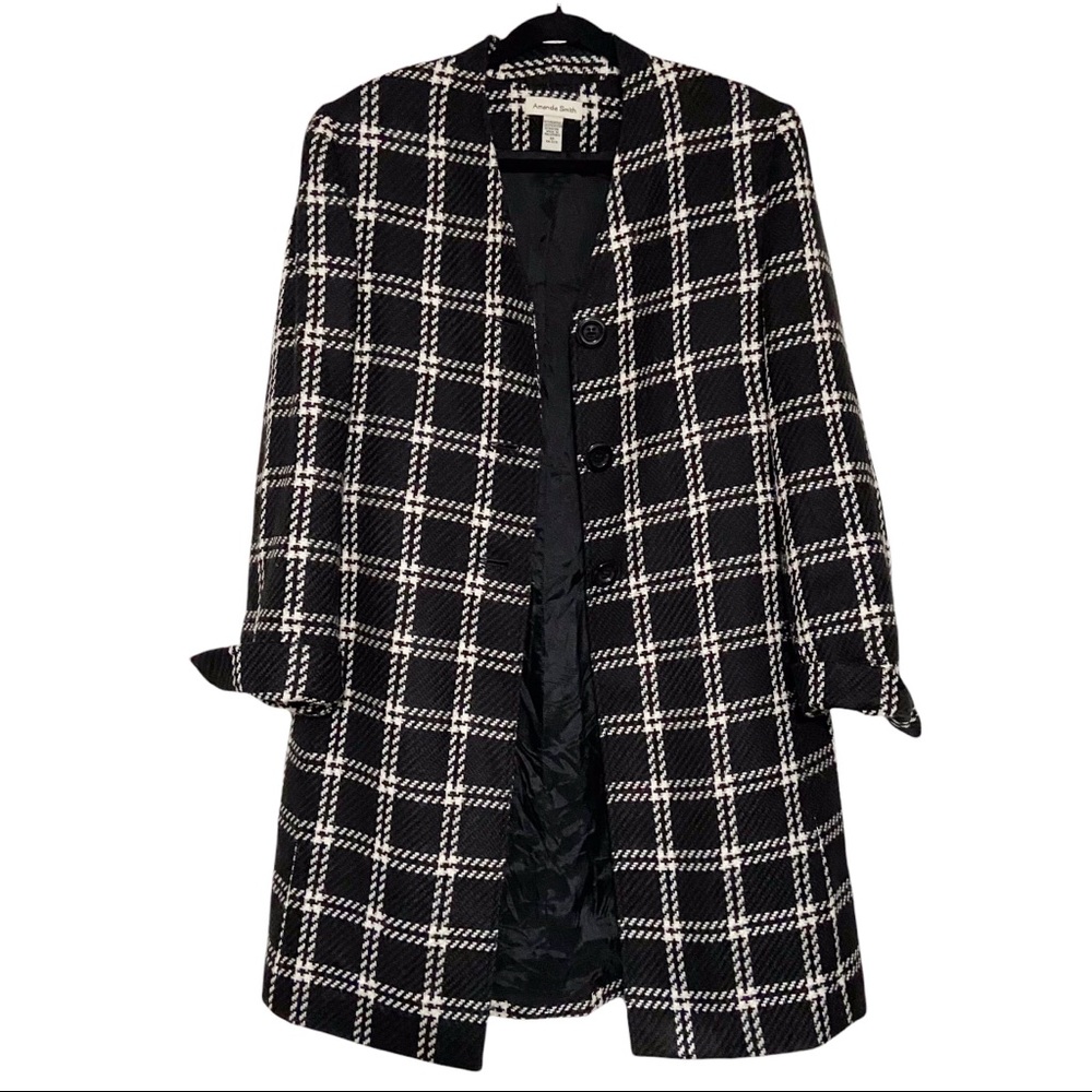 Amanda Smith‎ Black White Check Plaid Tweed Coat